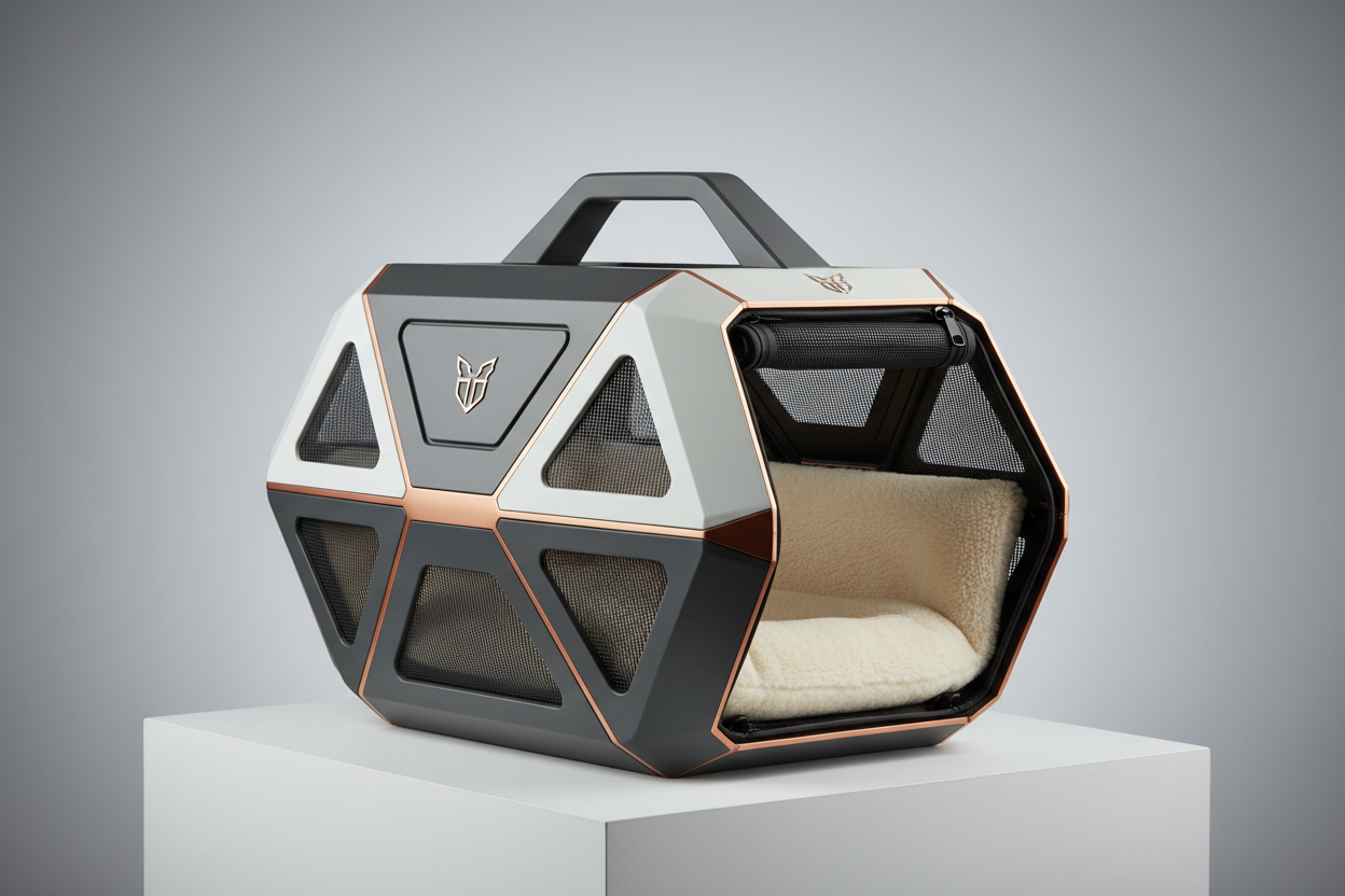 Transport your furry friend in sophisticated style! Modern geometric design with sturdy construction and soft interior lining.