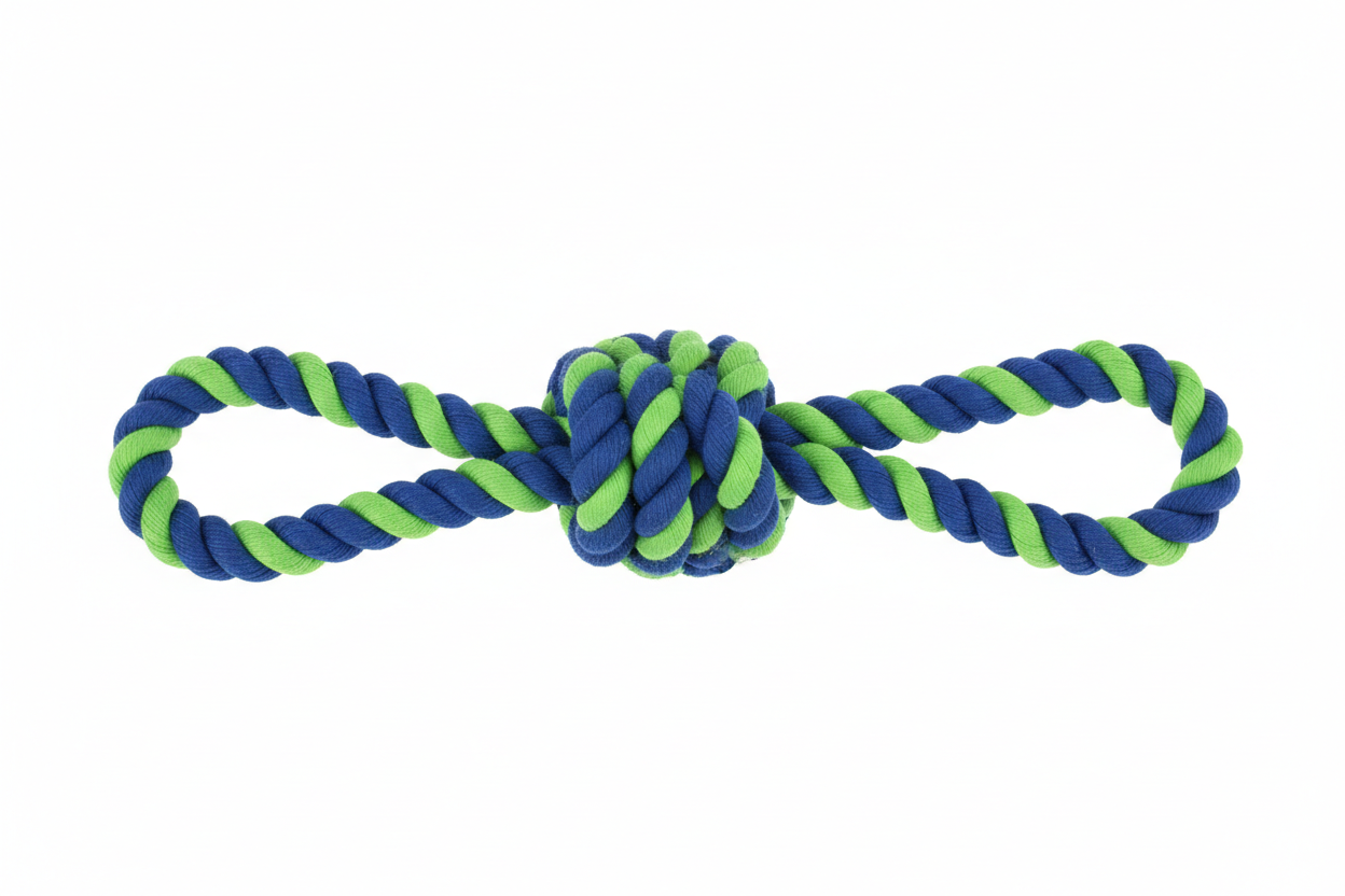 A delightfully playful tug toy your dog will adore! Made with durable, pet-safe materials that hold up to hours of tugging and tossing. Perfect for interactive play sessions. A colorful tug toy with blue and green design