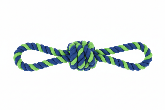 A delightfully playful tug toy your dog will adore! Made with durable, pet-safe materials that hold up to hours of tugging and tossing. Perfect for interactive play sessions. A colorful tug toy with blue and green design