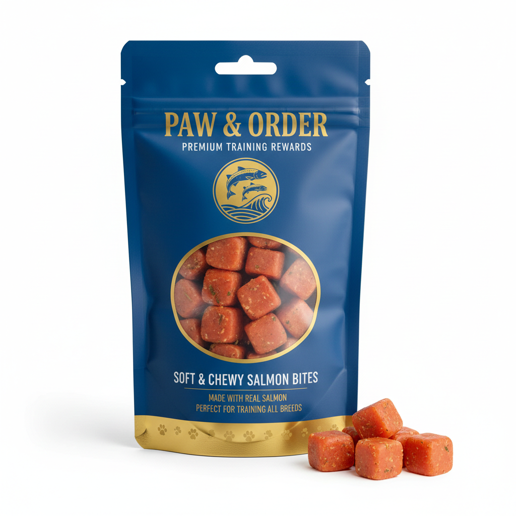 In package. Irresistible salmon flavor makes training a breeze! Soft bite-sized pieces are perfect for rewarding good behavior. Made with real salmon.