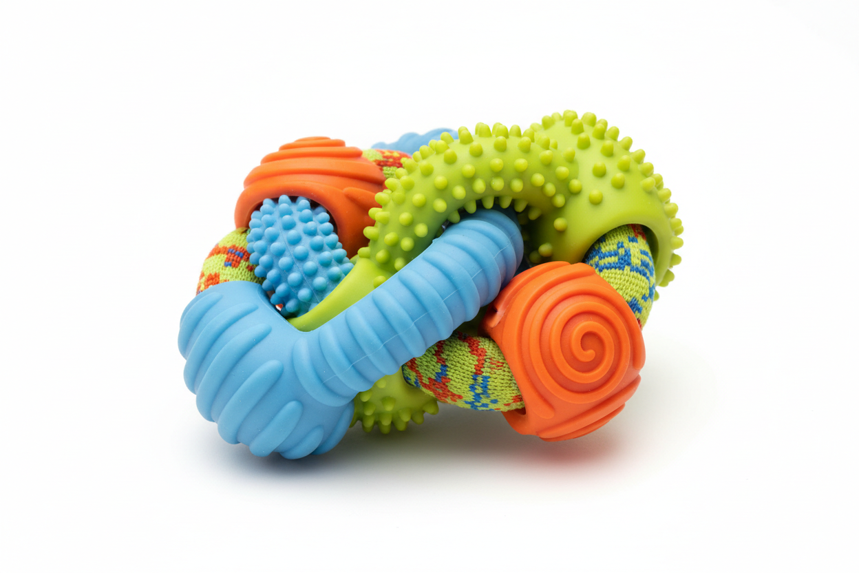 This engaging multi-texture toy! Different surfaces satisfy various chewing styles while helping clean teeth naturally.