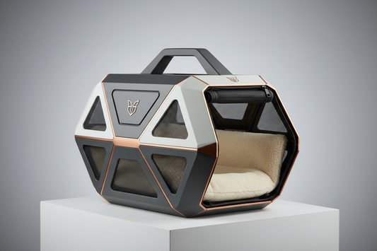 Transport your furry friend in sophisticated style! Modern geometric design with sturdy construction and soft interior lining.